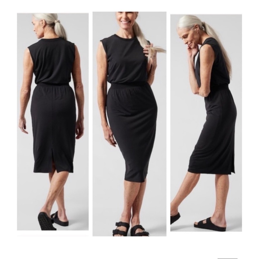 Athleta Santorini‎ Cinch Black Midi Dress Sz S Tencel Travel Workwear Capsule